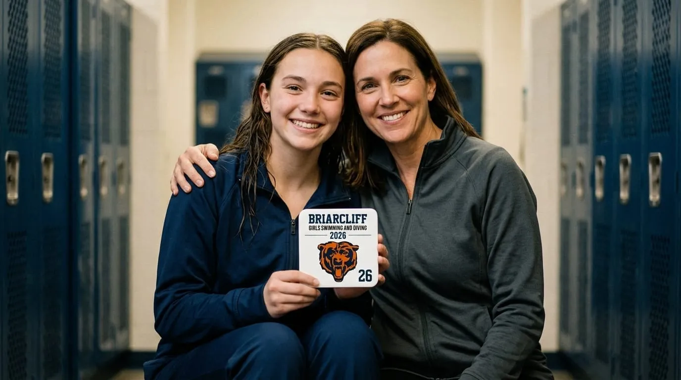 A player and his coach holding a Team Photo Tile in the locker room