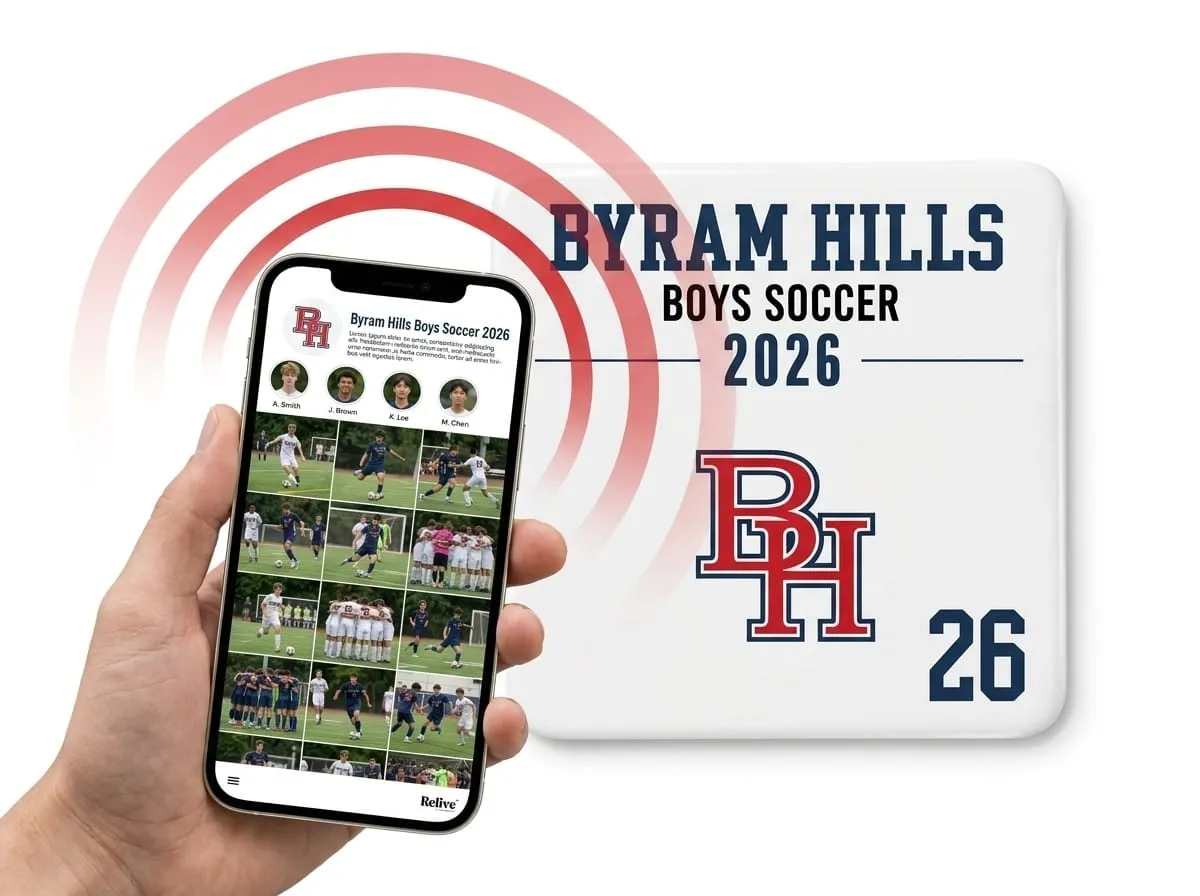 A Byram Hills Team Photo Tile beside a phone showing the team album
