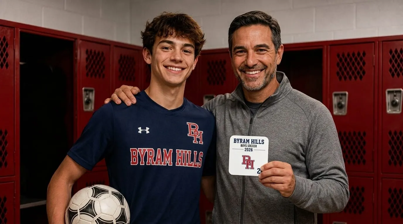 A player and his coach holding a Team Photo Tile in the locker room