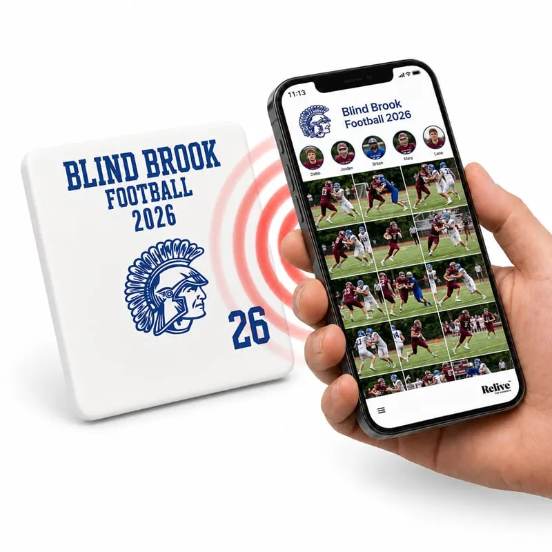 A Blind Brook Team Photo Tile beside a phone showing the team album