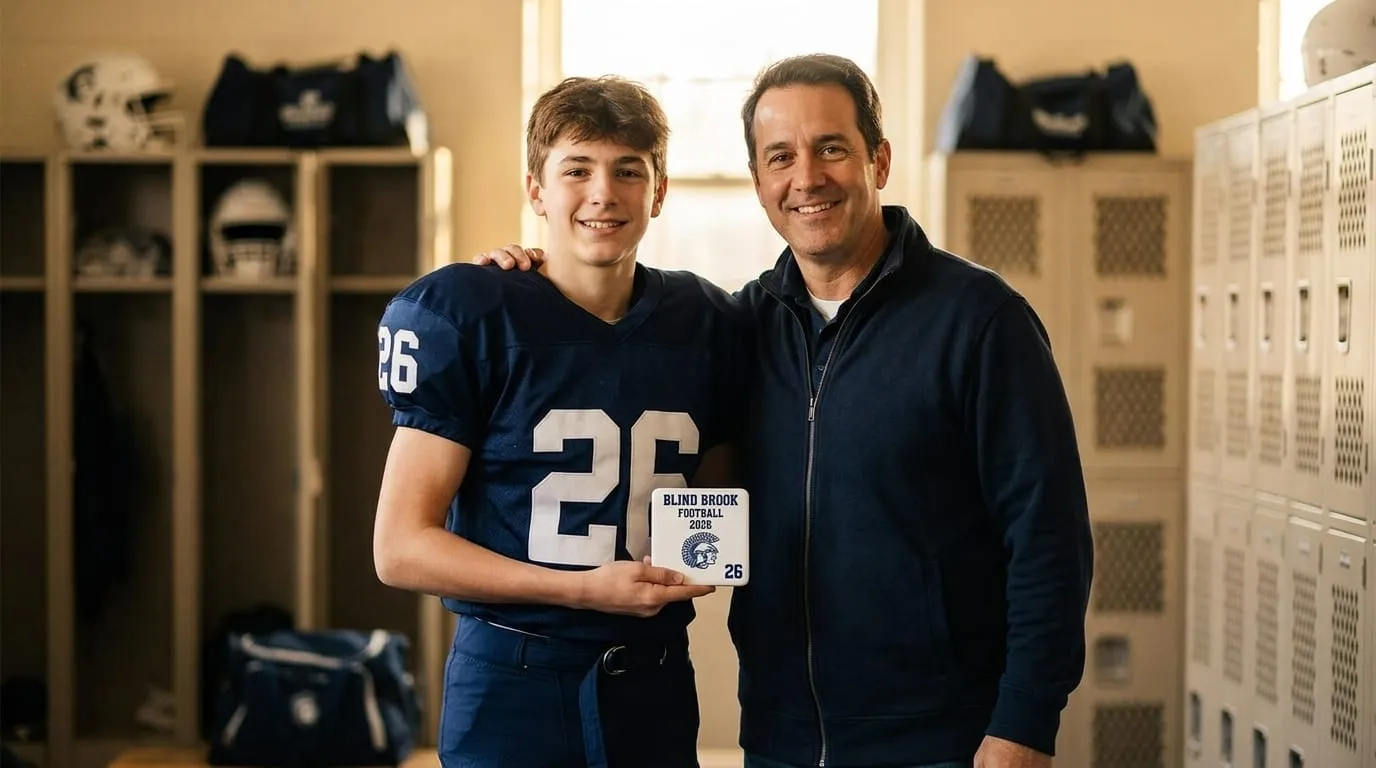 A player and his coach holding a Team Photo Tile in the locker room