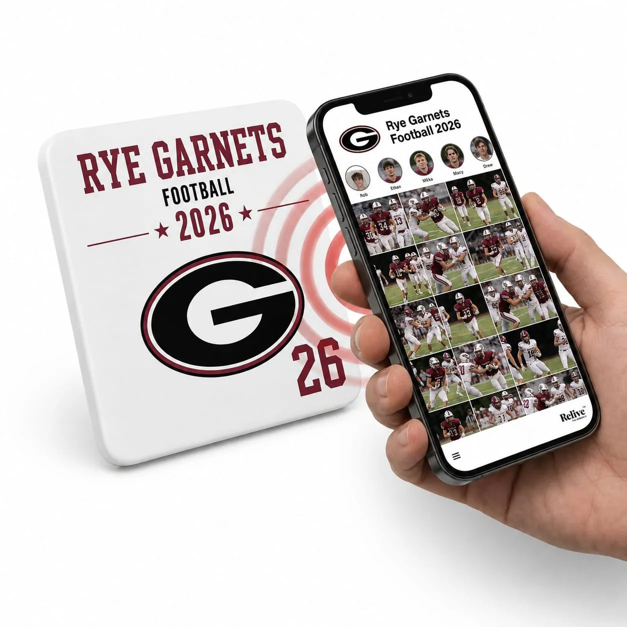 A Rye Garnets Team Photo Tile beside a phone showing the team album