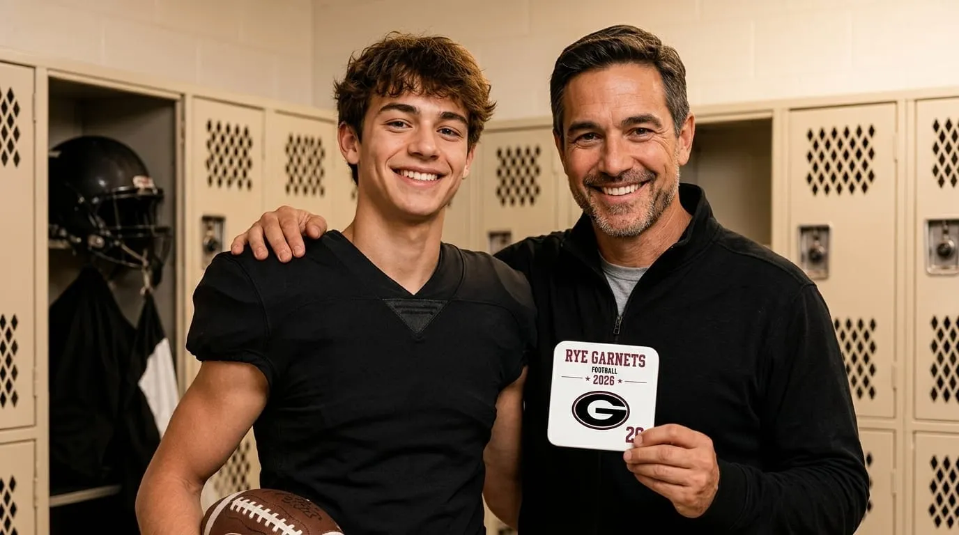 A player and his coach holding a Team Photo Tile in the locker room