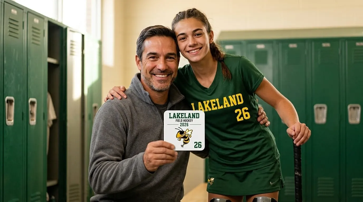 A player and his coach holding a Team Photo Tile in the locker room