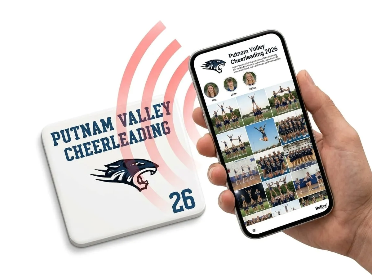 A Putnam Valley Team Photo Tile beside a phone showing the team album