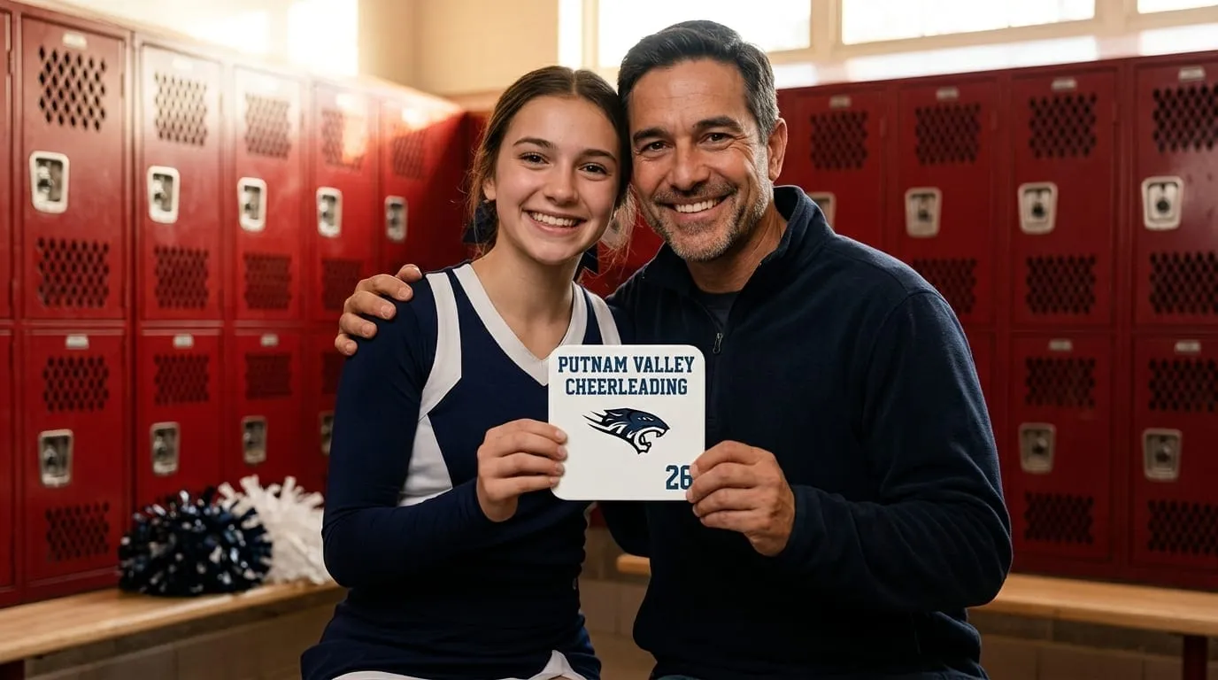 A player and his coach holding a Team Photo Tile in the locker room