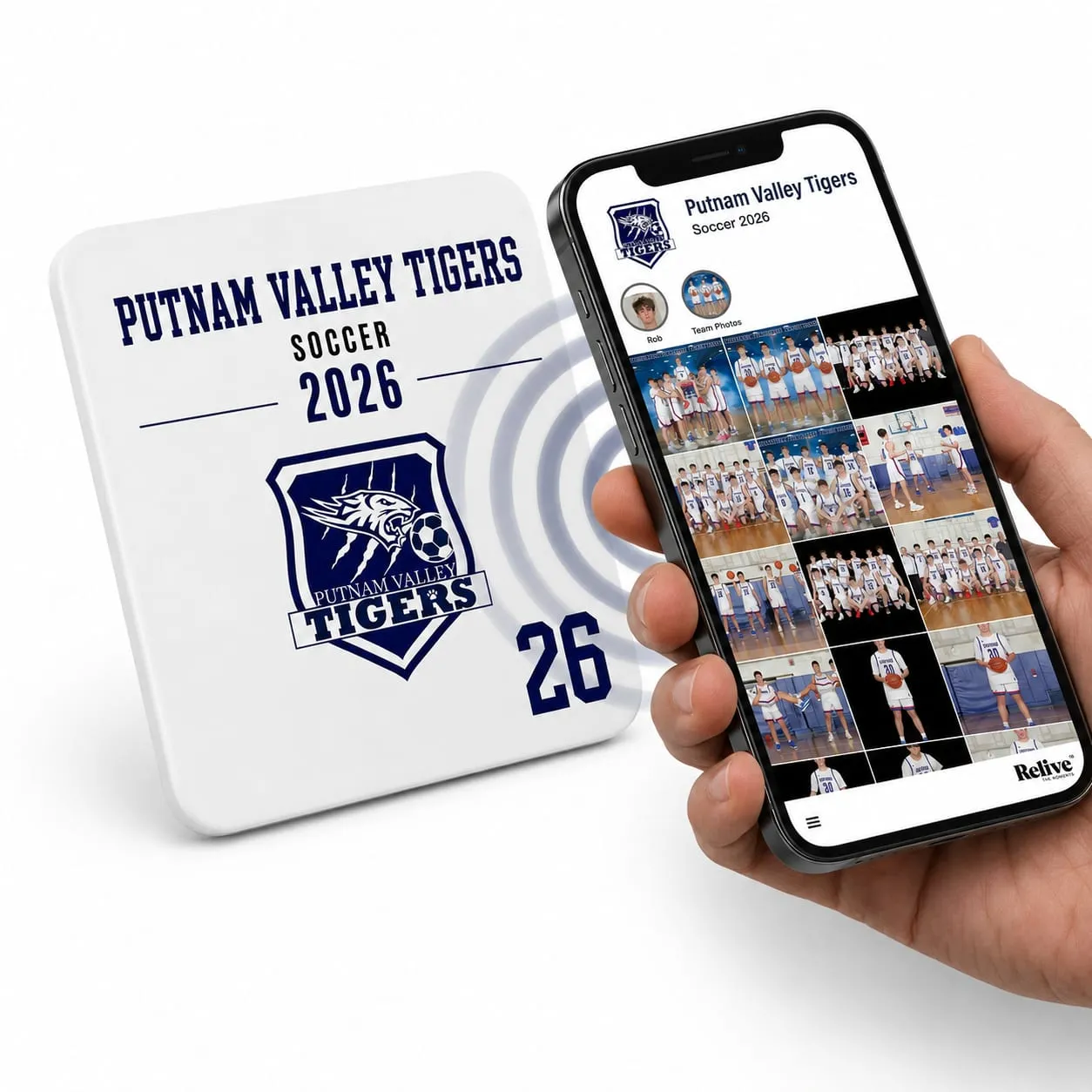 A Putnam Valley Tigers Team Photo Tile beside a phone showing the team album