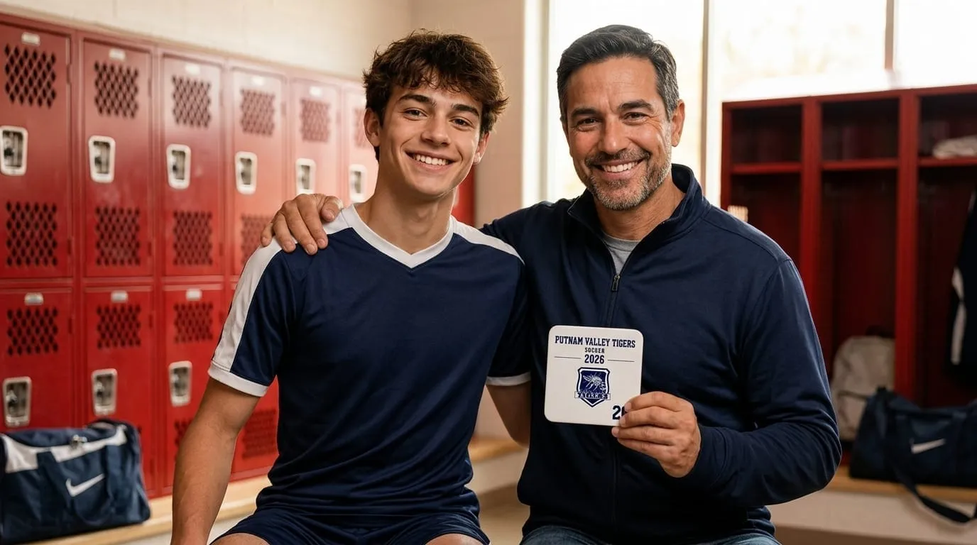 A player and his coach holding a Team Photo Tile in the locker room