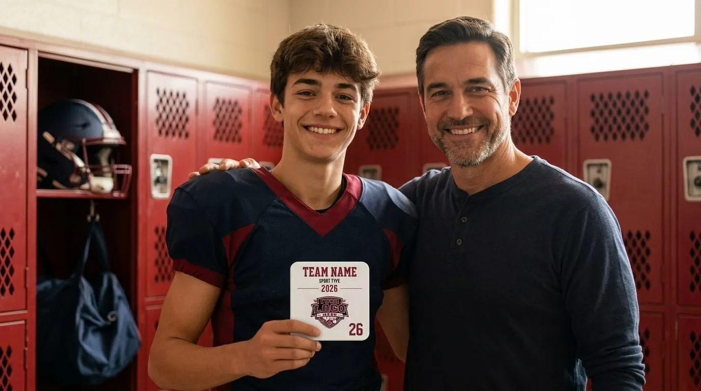 A player and his coach holding a Team Photo Tile in the locker room