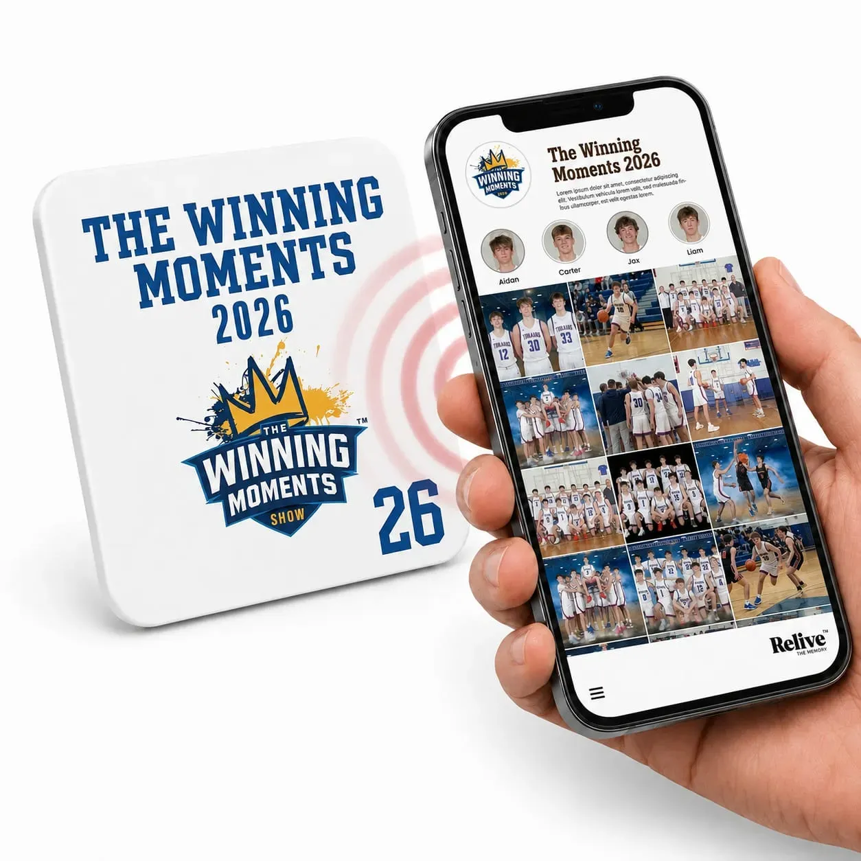 A The Winning Team Photo Tile beside a phone showing the team album