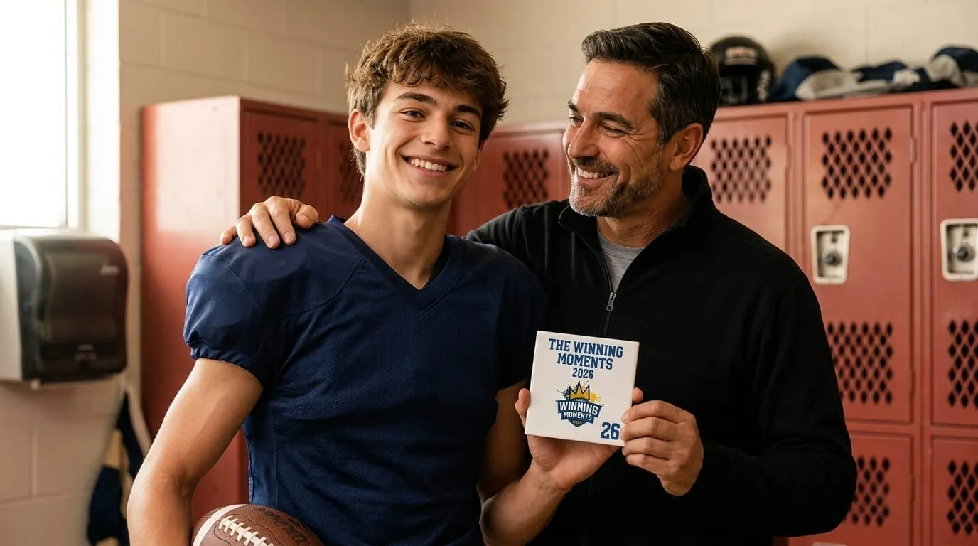 A player and his coach holding a Team Photo Tile in the locker room