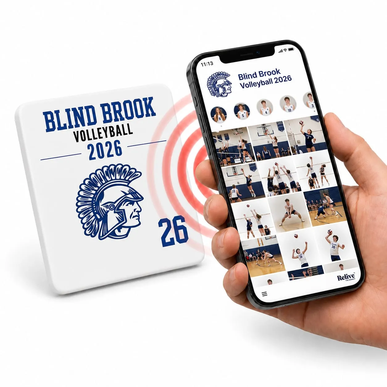 A Blind Brook Team Photo Tile beside a phone showing the team album