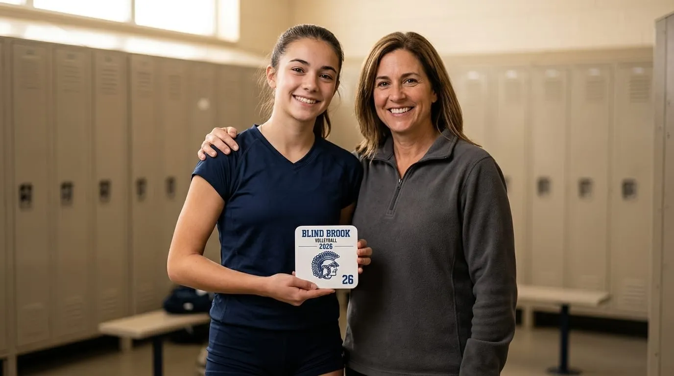 A player and his coach holding a Team Photo Tile in the locker room