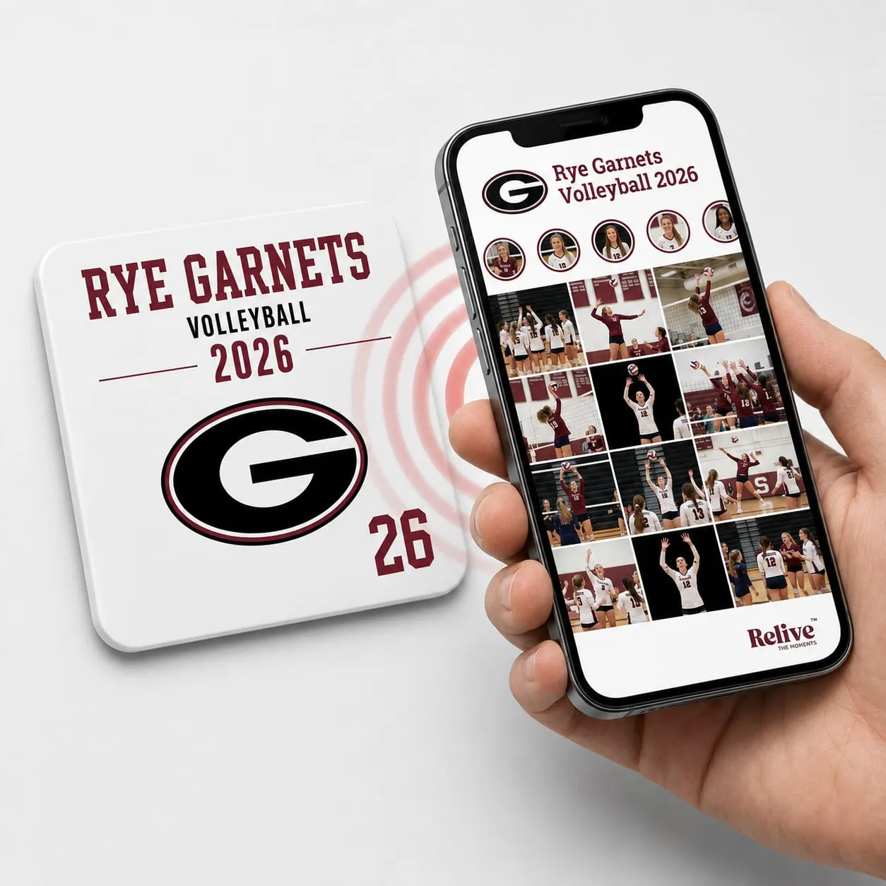 A Rye Garnets Team Photo Tile beside a phone showing the team album