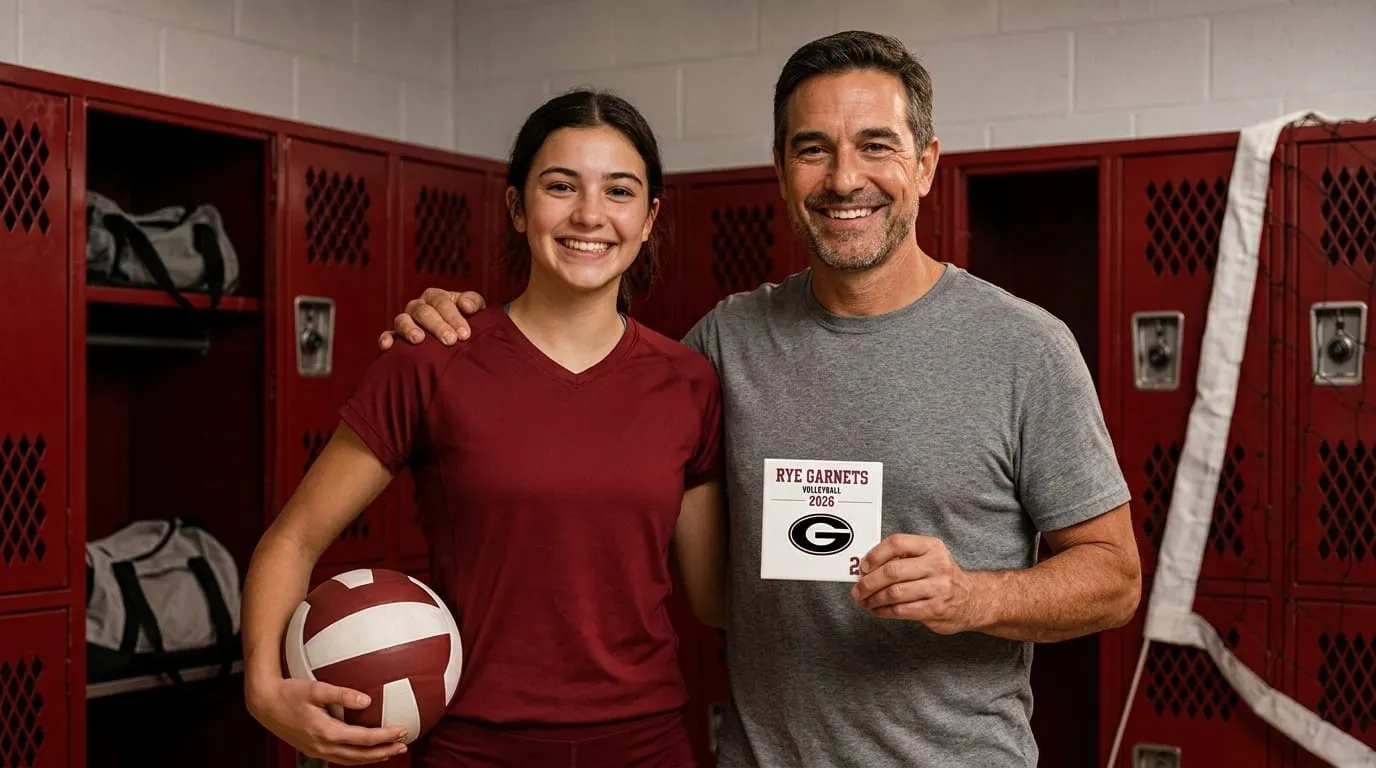 A player and his coach holding a Team Photo Tile in the locker room