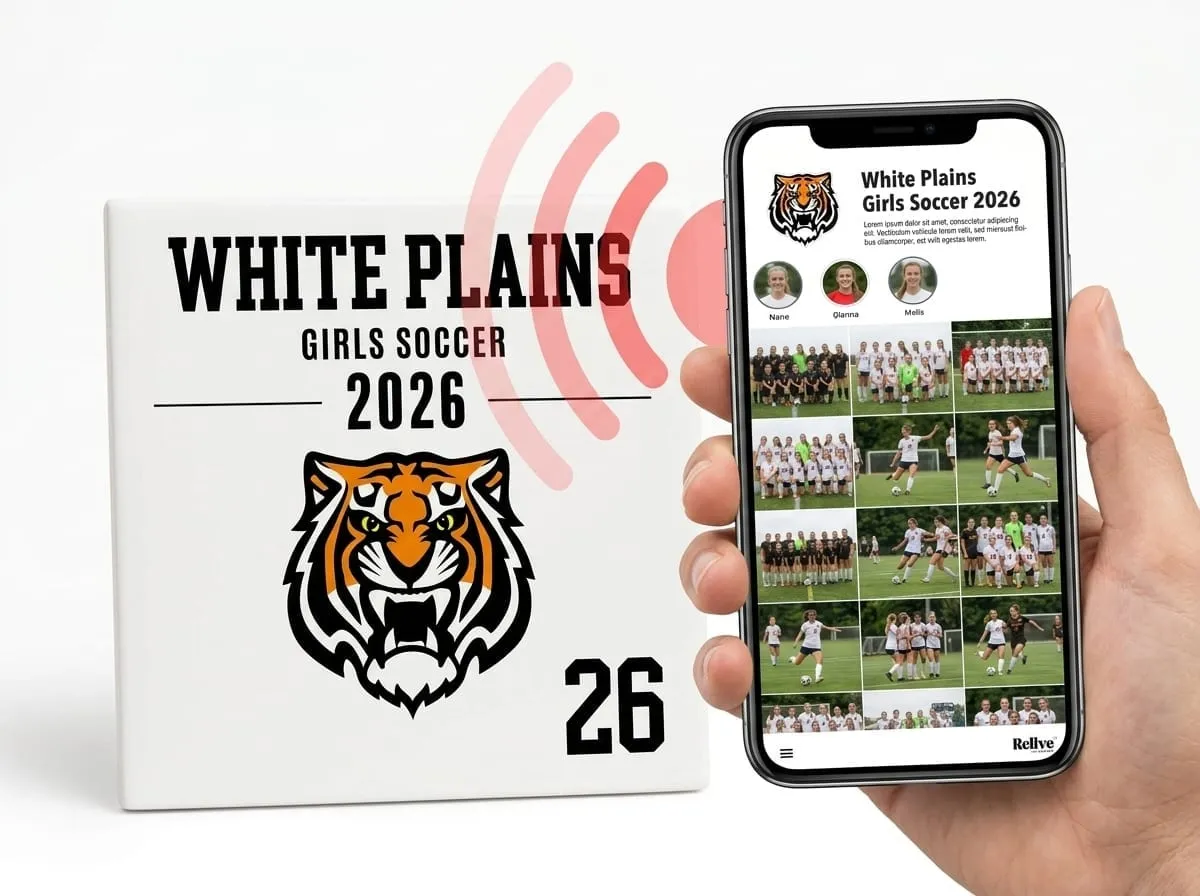 A White Plains Team Photo Tile beside a phone showing the team album