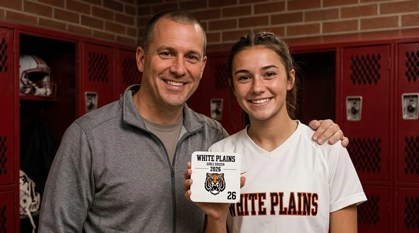 A player and his coach holding a Team Photo Tile in the locker room